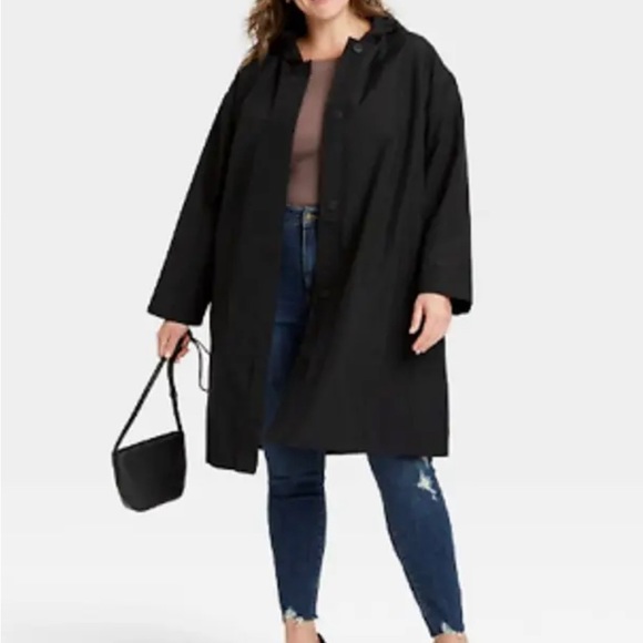 Womens Black Nylon Hooded Button-Down Long Rain Coat Ava & Viv Plus Size 2x 2xl - Picture 3 of 3
